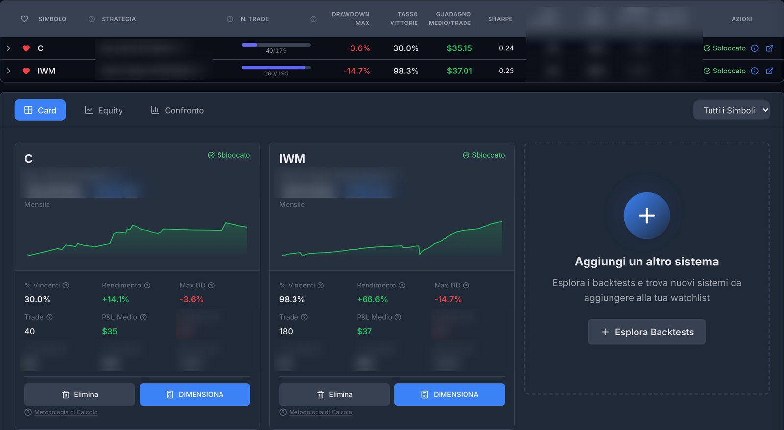 The MetricAlgo watchlist with two systems ready to size, each with its own curve and metrics.
