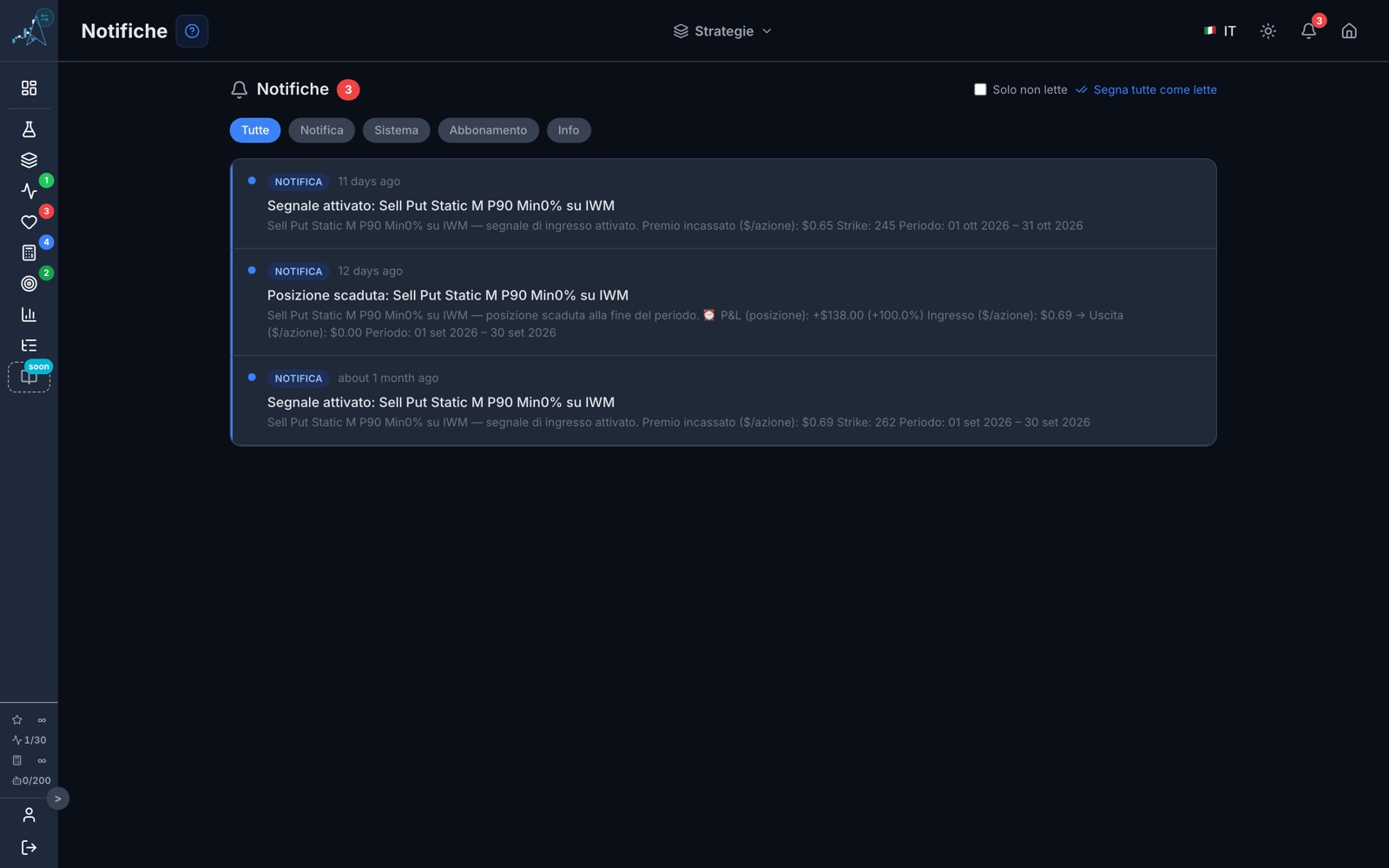 The platform’s notification inbox with the latest alerts received, which can be filtered by type.