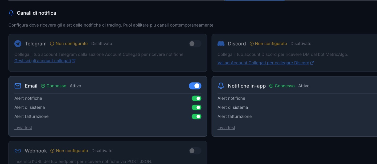 The notification channels in the profile: Telegram, Discord, email, in-app notifications and webhook, each with its status and alert categories.